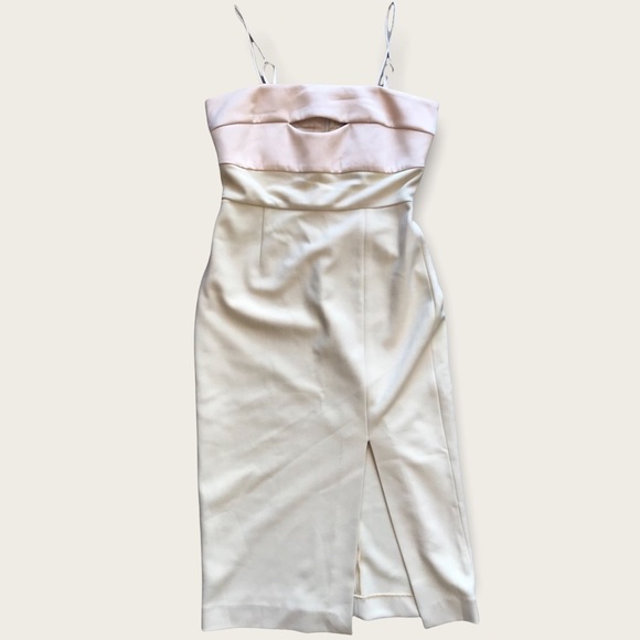 Minimalist Glam FINDERS KEEPERS Midi Bodycon Dress Beige Cutout Size 4 Old Money - Picture 2 of 12